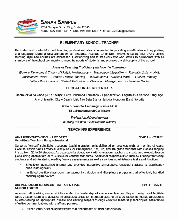 Examples Of Teacher Resumes Awesome Elementary School Teacher Resume Example Sample