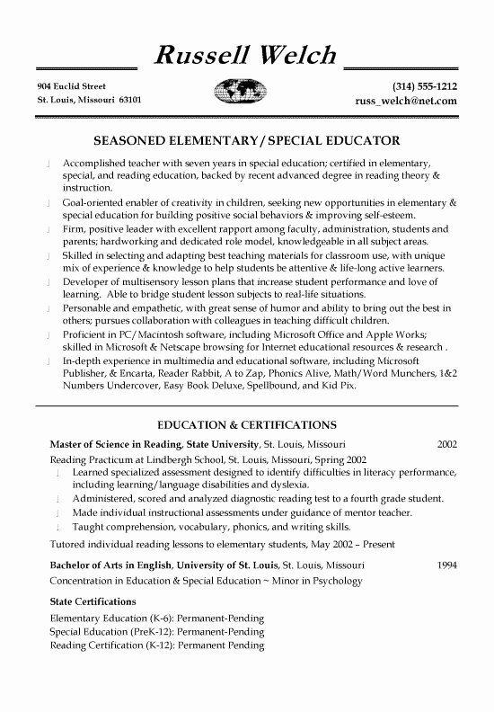 Examples Of Teacher Resumes Fresh Special Education Teaching Resume Example