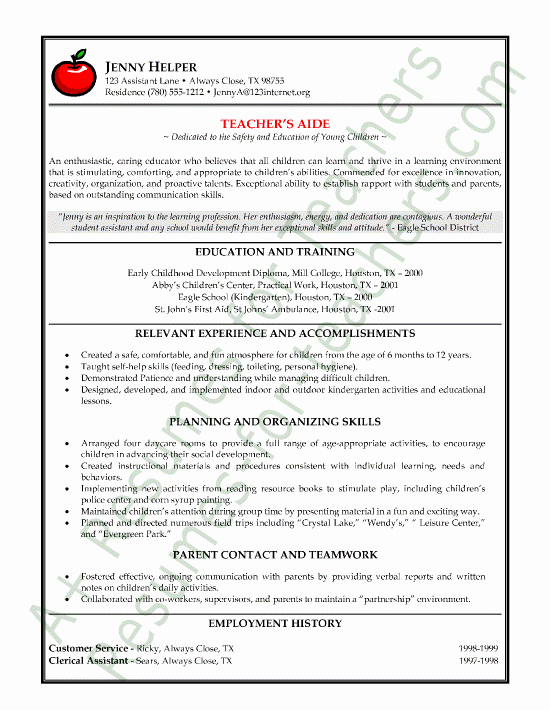 Examples Of Teacher Resumes Lovely Teacher S Aide or assistant Resume Sample or Cv Example