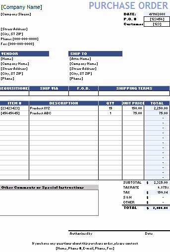 Excel order form Template Inspirational Purchase order Template