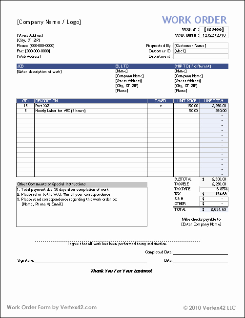 Excel order form Template Lovely Work orders