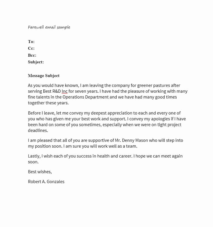 Farewell Email to Colleagues Fresh 40 Farewell Email Templates to Coworkers Template Lab