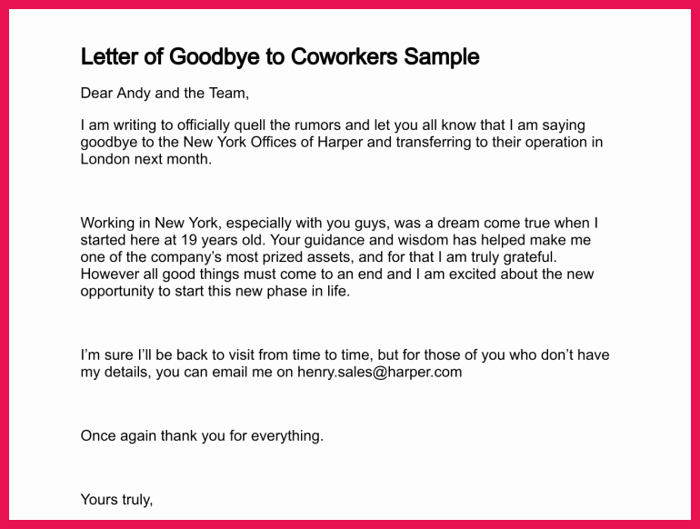 goodbye letter to coworkers