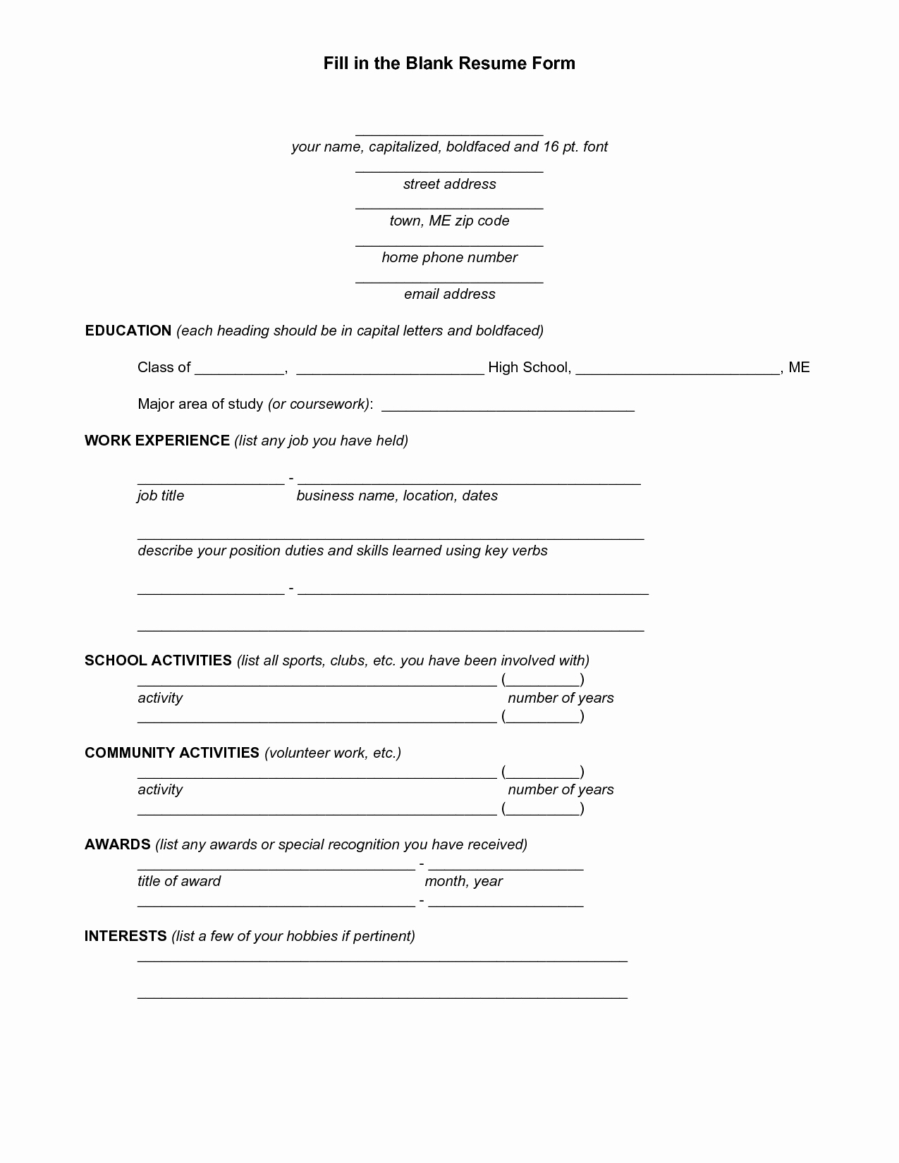 Fill In the Blank Resume New Blank Resume Template for High School Students