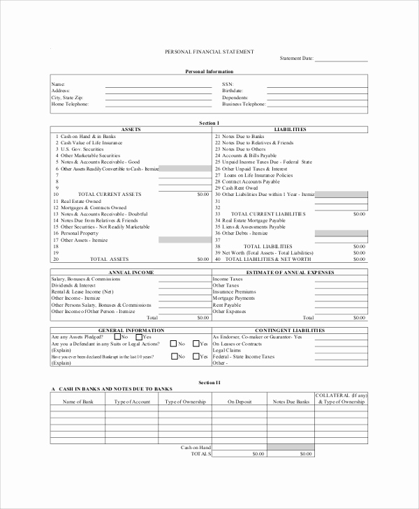 Fillable Personal Financial Statement Luxury Sample Personal Financial Statement 9 Examples In Pdf