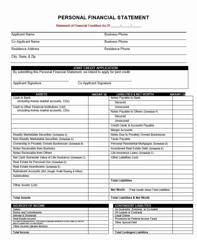 Fillable Personal Financial Statement New 40 Personal Financial Statement Templates &amp; forms