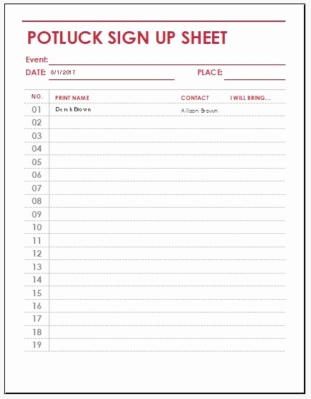 Food Sign Up Sheet Elegant Potluck Sign Up Sheet Templates for Excel