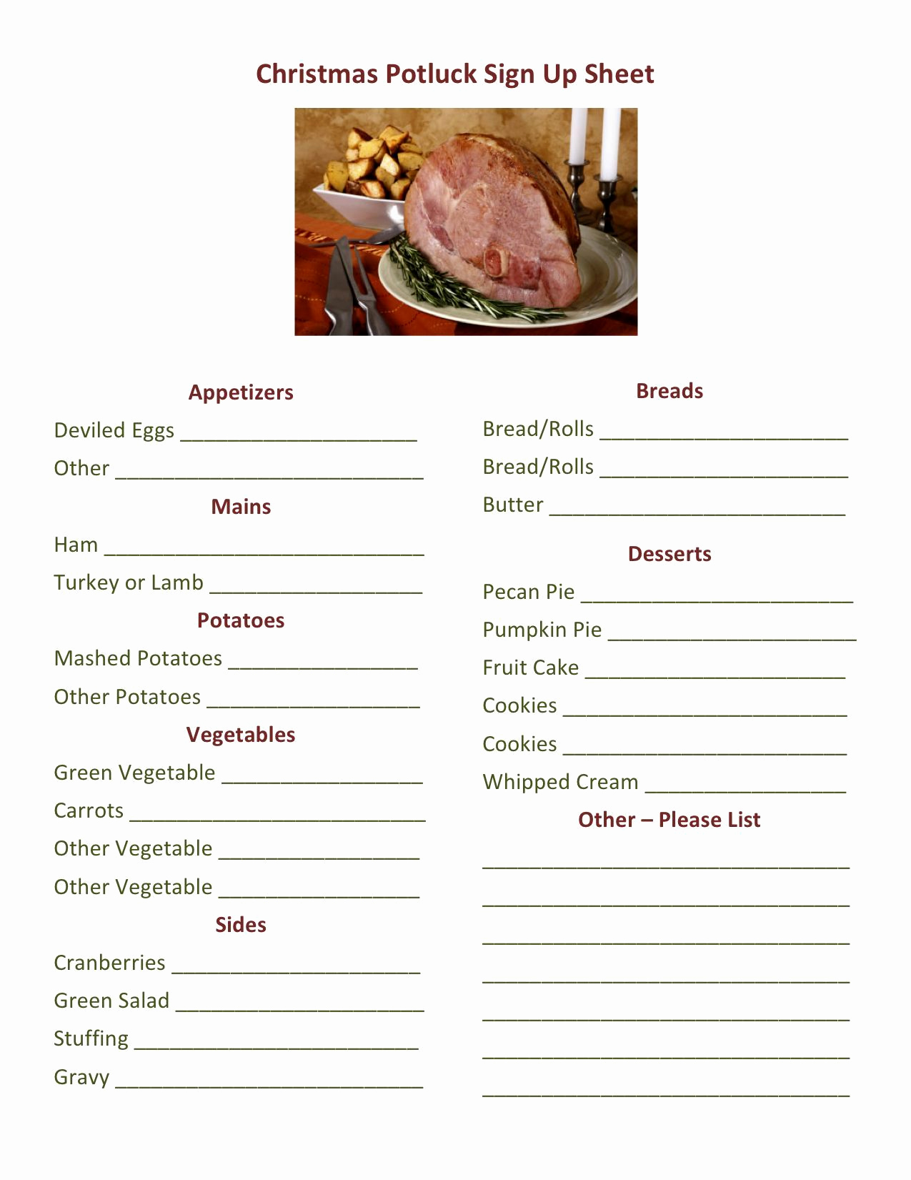 Food Sign Up Sheet Unique Free Sign Up Sheet Christmas Buffet Finger Food