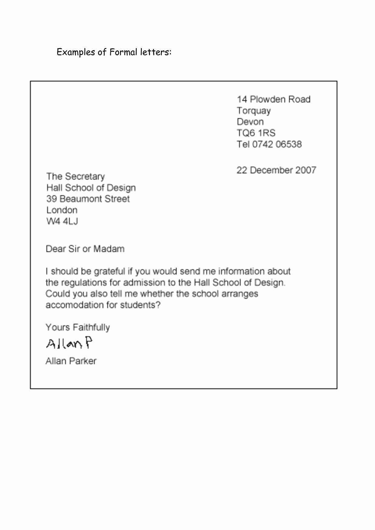 Formal Business Letter Template Fresh formal Letter Example Classroom Idea