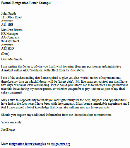 Formal Resign Letter Template Awesome formal Resignation Letter Example Resignletter