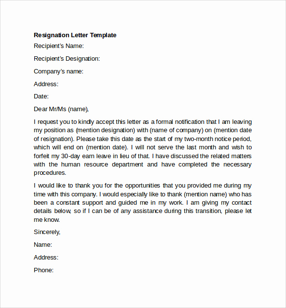 Formal Resign Letter Template Fresh Sample Resignation Letter Example 10 Free Documents