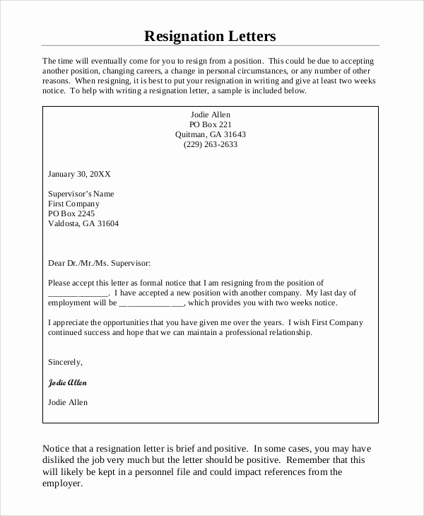 Formal Resign Letter Template New Sample Resignation Letter with 2 Week Notice 6 Examples