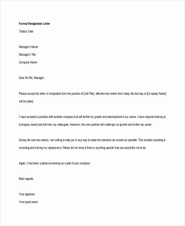 Formal Resign Letter Template Unique 10 Resignation Letter Templates Free Sample Example