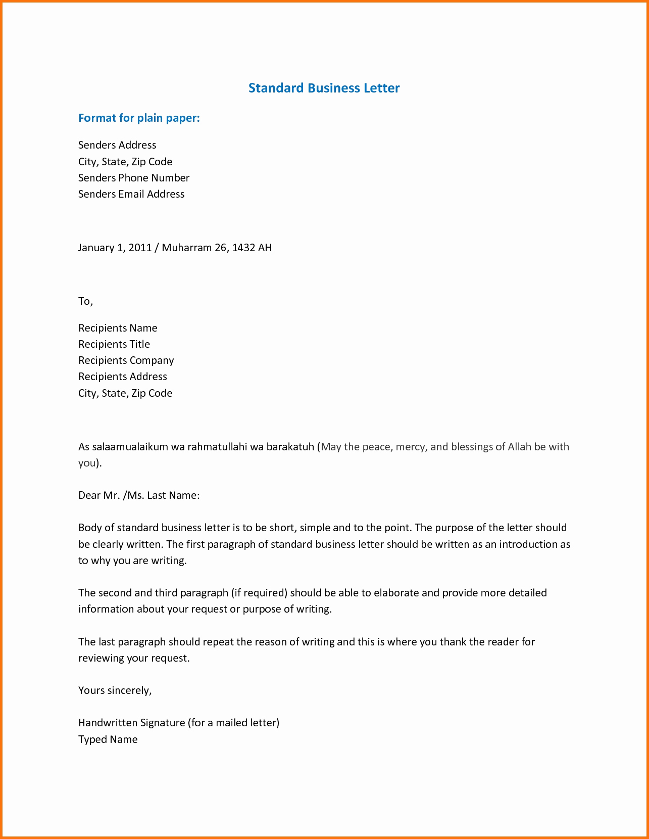 Format Of Business Letter Inspirational Standard Business Letter format Template