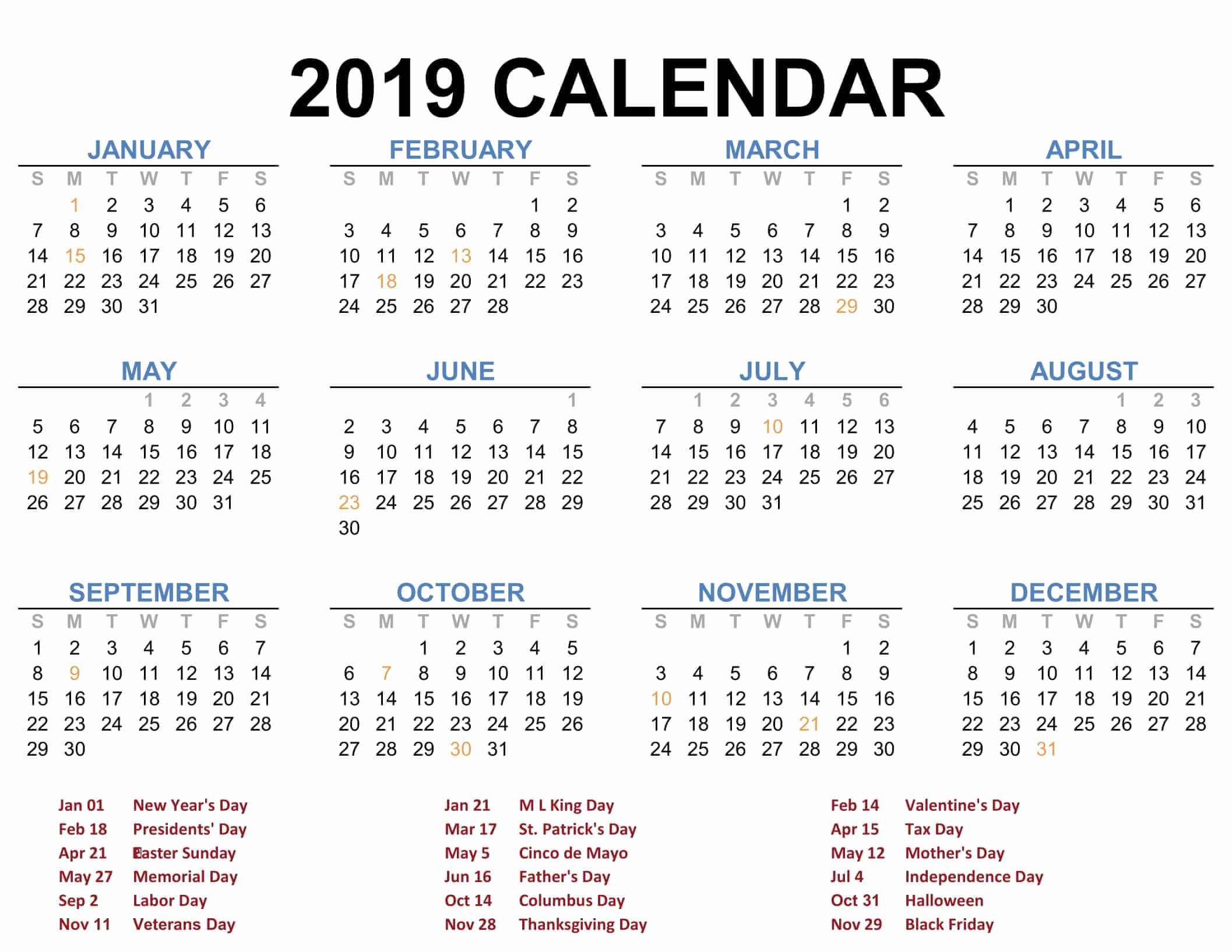 Free 2019 Calendar Template Elegant 2019 Printable Calendar Templates Pdf Excel Word Free