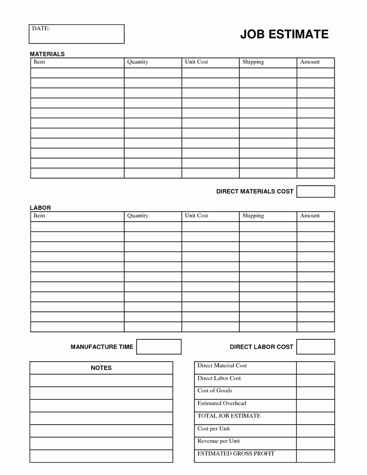Free Construction Estimate Template Excel Awesome Printable Job Estimate forms