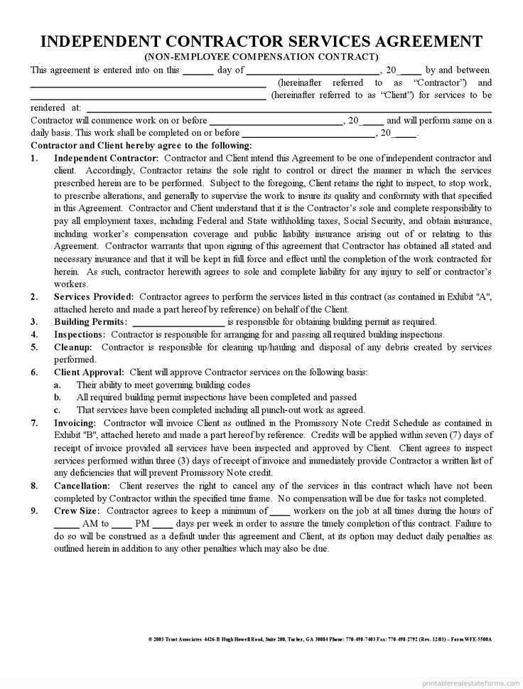 Free Contractor Agreement Template Awesome Free Printable Independent Contractor Agreement form