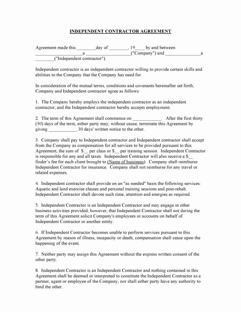 Free Contractor Agreement Template Fresh Free Printable Independent Contractor Agreement