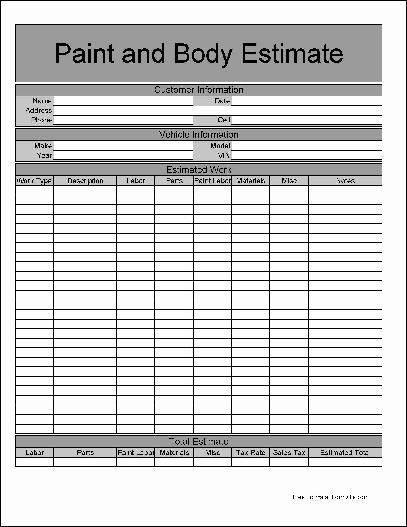 Free Estimate Template Pdf Awesome Free Basic Paint and Body Estimate form From formville