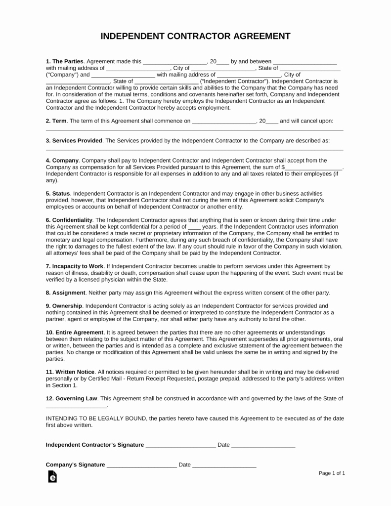 Free Independent Contractor Agreement Luxury Free E 1 Page Independent Contractor Agreement form