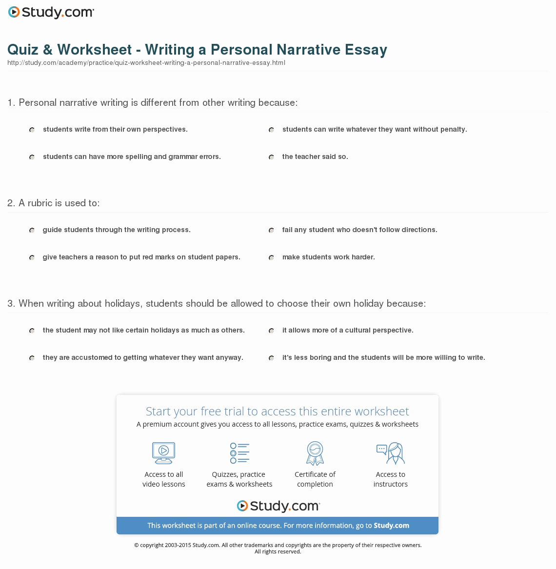 Free Personal Narrative Essay Inspirational Quiz &amp; Worksheet Writing A Personal Narrative Essay