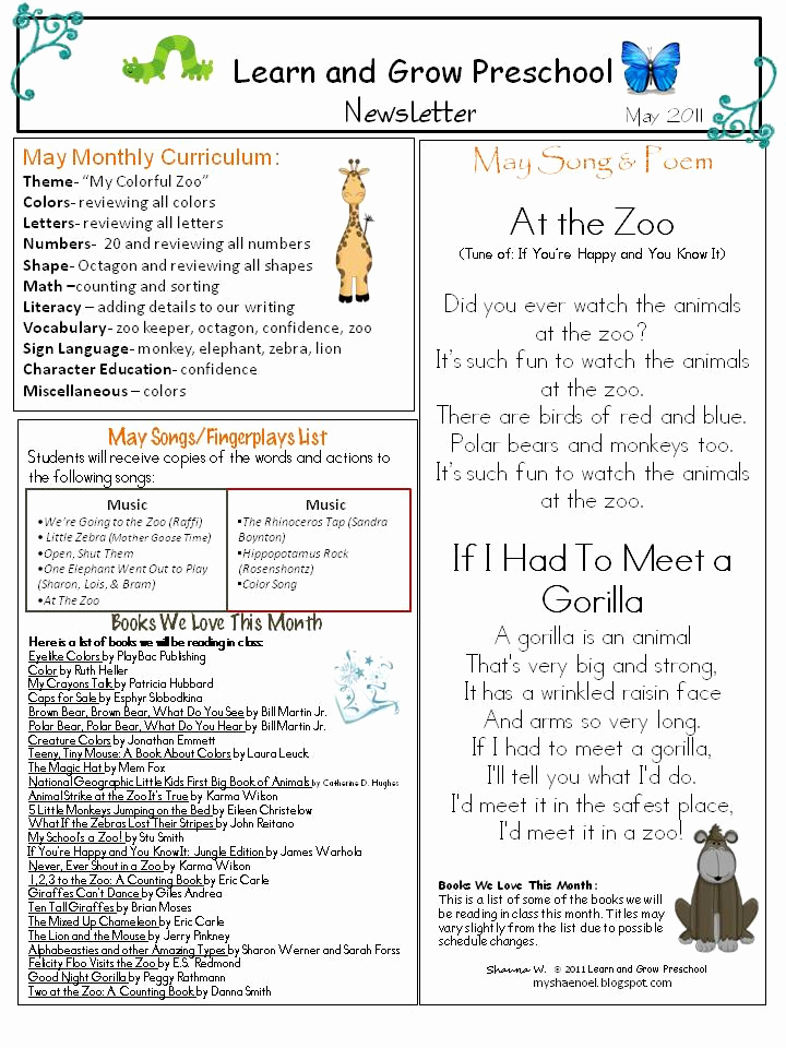 Free Preschool Newsletter Templates Lovely Learn and Grow Designs Website Zoo themed Preschool