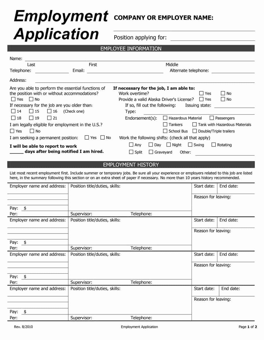 Free Printable Employment Application New 50 Free Employment Job Application form Templates