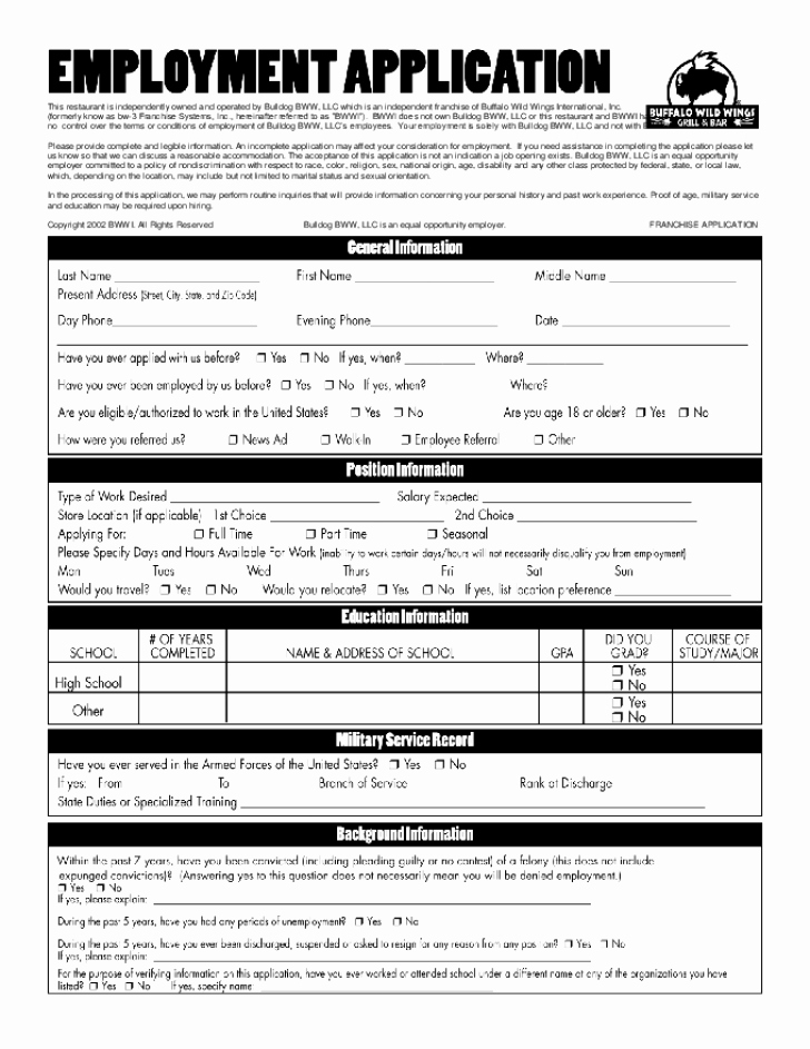 Free Printable Employment Application New Free Printable Buffalo Wild Wings Job Application form