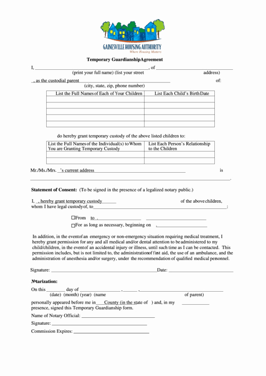 Free Printable Guardianship forms Lovely Temporary Guardianship Agreement Printable Pdf