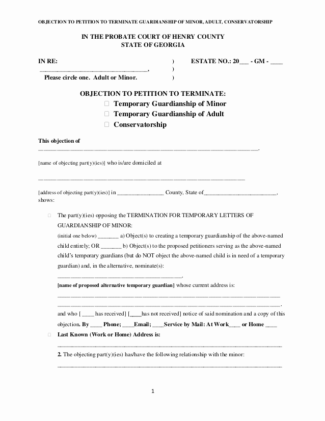 Free Printable Legal Guardianship forms Inspirational Objection to Petition to Terminate Guardianship Of Minor