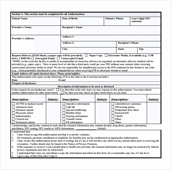 Free Printable Medical forms Fresh Sample Medical Records Release form 9 Download Free
