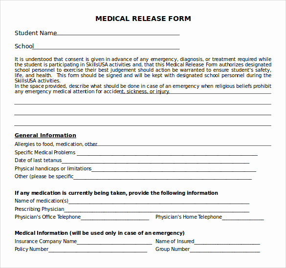 Free Printable Medical forms Inspirational Sample Medical Release form 10 Free Documents In Pdf Word