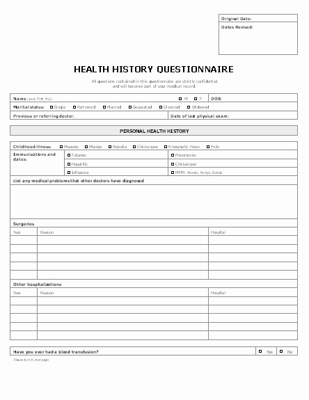Free Printable Medical History forms Awesome Patient Health History Questionnaire form Templates