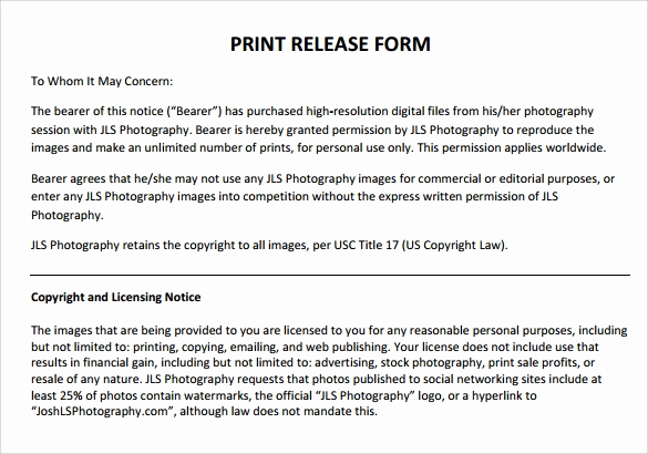 Free Printable Photo Release form Beautiful 9 Print Release forms – Samples Examples &amp; formats