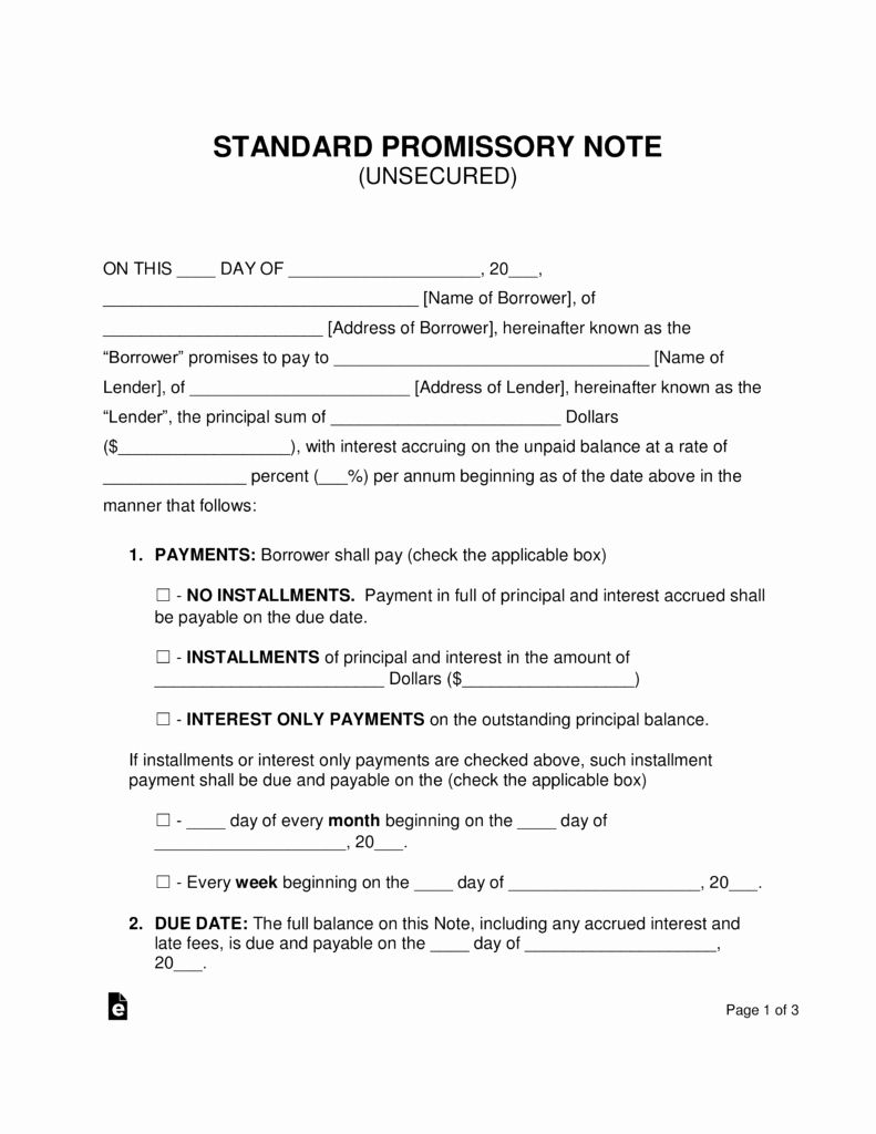 Free Printable Promissory Note Fresh Free Unsecured Promissory Note Template Word