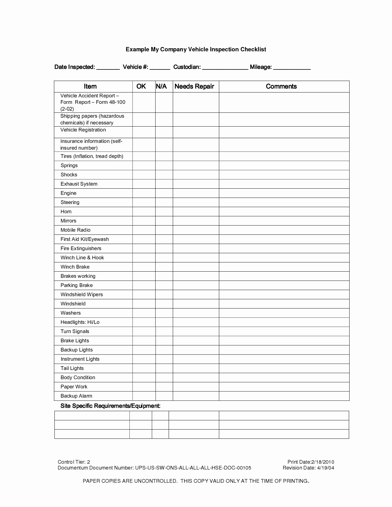 Free Printable Vehicle Inspection form Elegant Vehicle Inspection Checklist Template