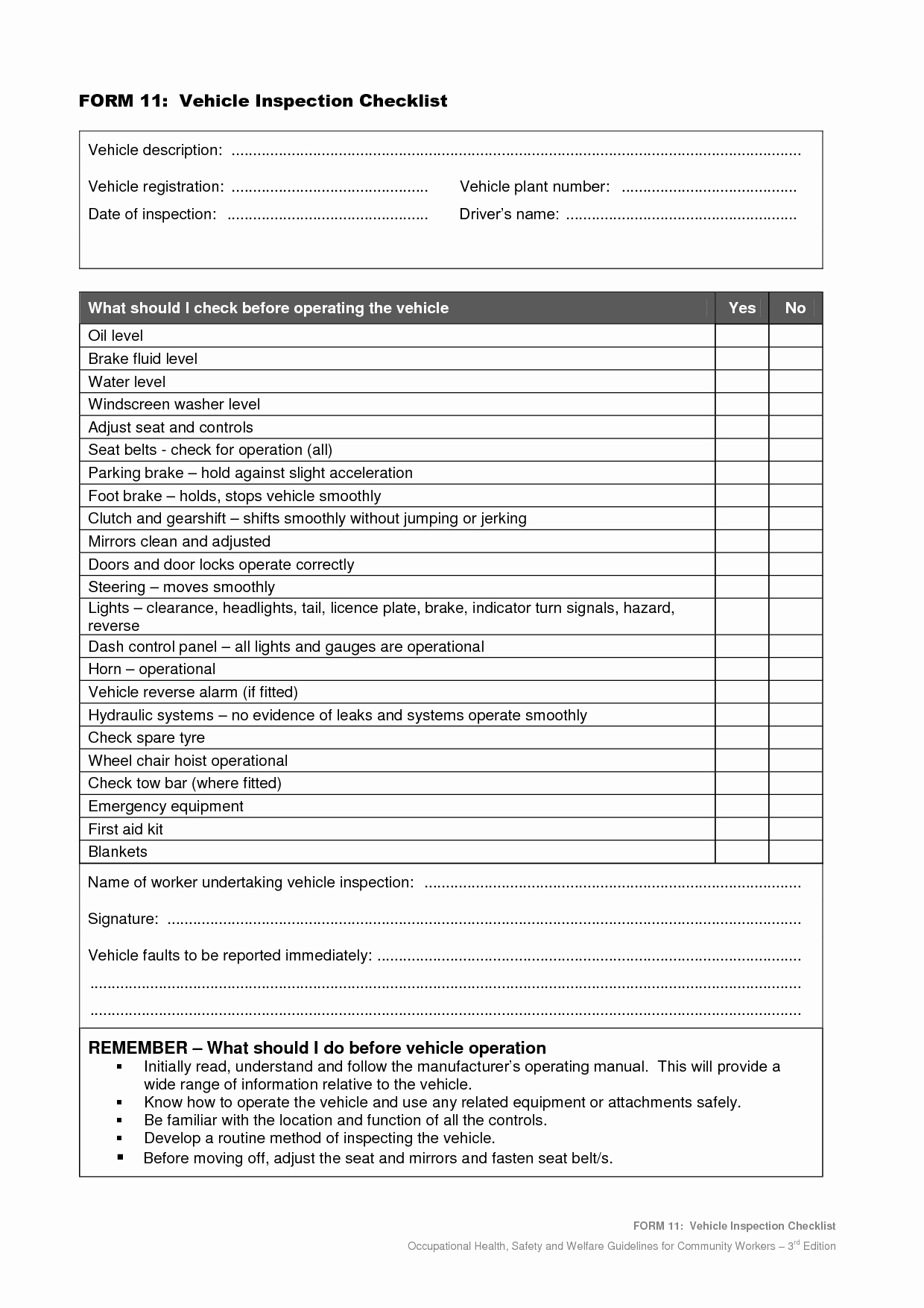 Free Printable Vehicle Inspection form Lovely Vehicle Safety Inspection Checklist form