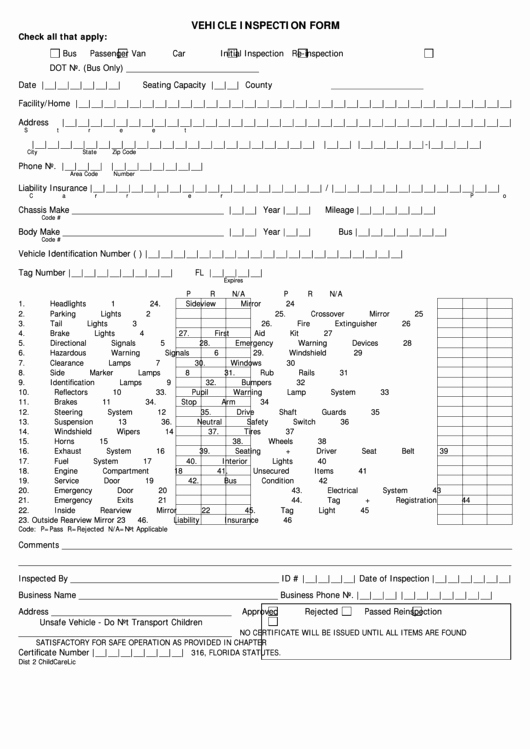 Free Printable Vehicle Inspection form New Vehicle Inspection form Printable Pdf