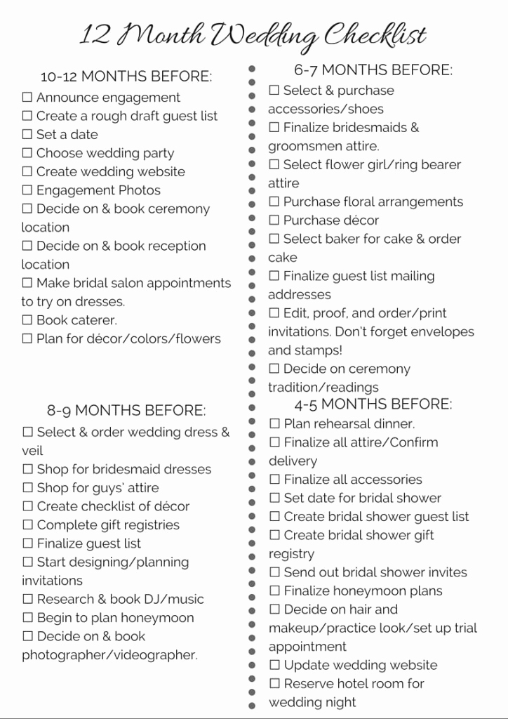 Free Printable Wedding Checklist Inspirational 12 Month Wedding Checklist Free Printable the