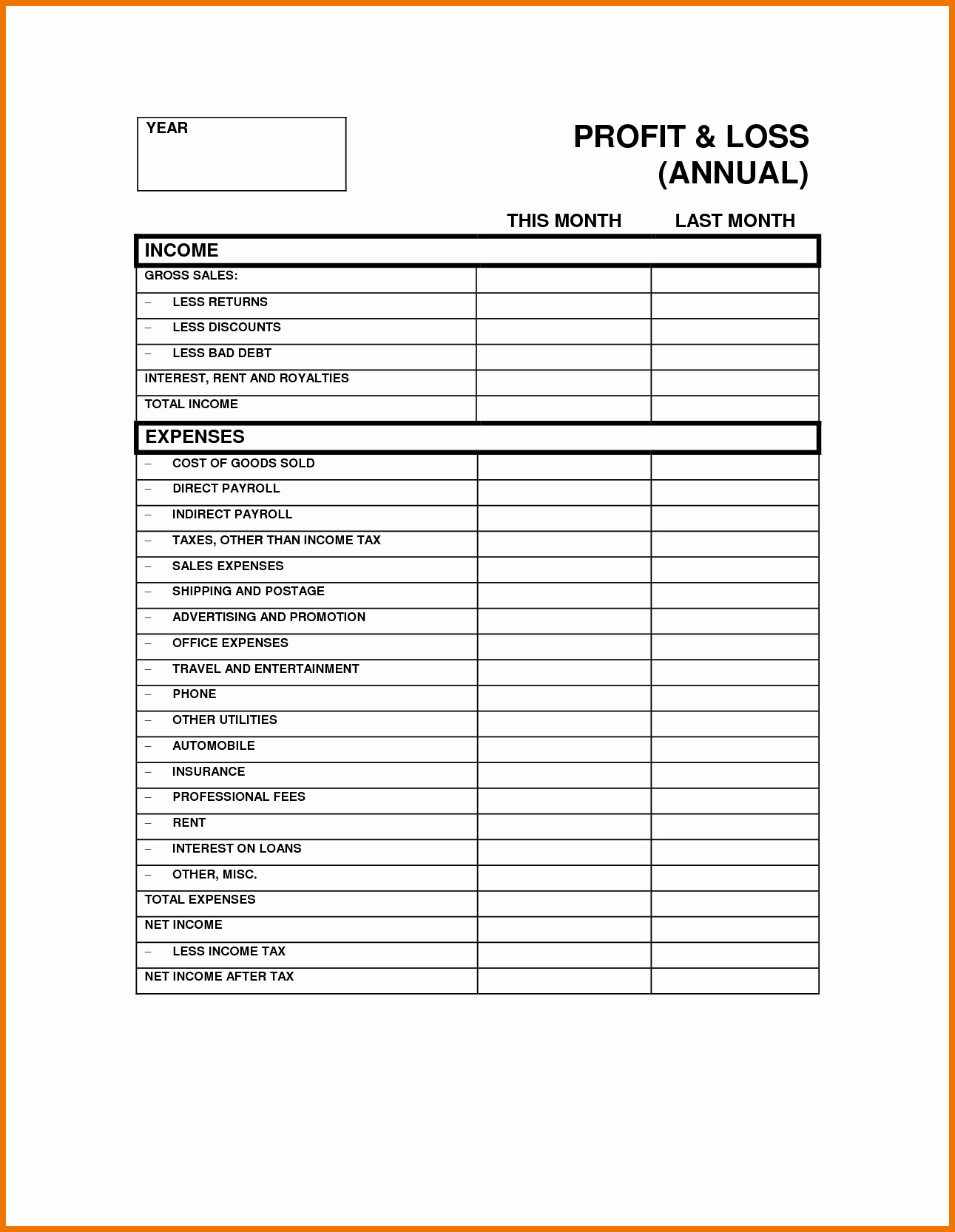 Free Profit and Loss Template Lovely Printable Blank Profit and Loss Statement