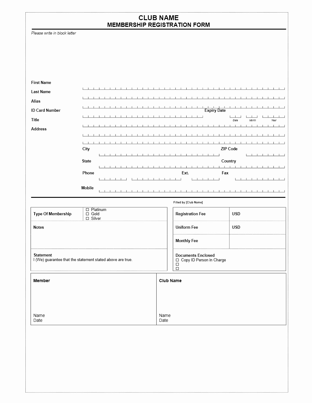 Free Registration form Template Beautiful Club Membership Application form