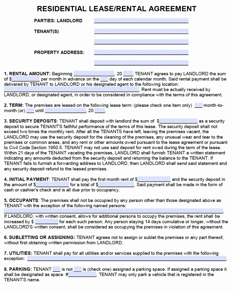 Free Rental Agreement Pdf New Free California Standard Residential Lease Agreement