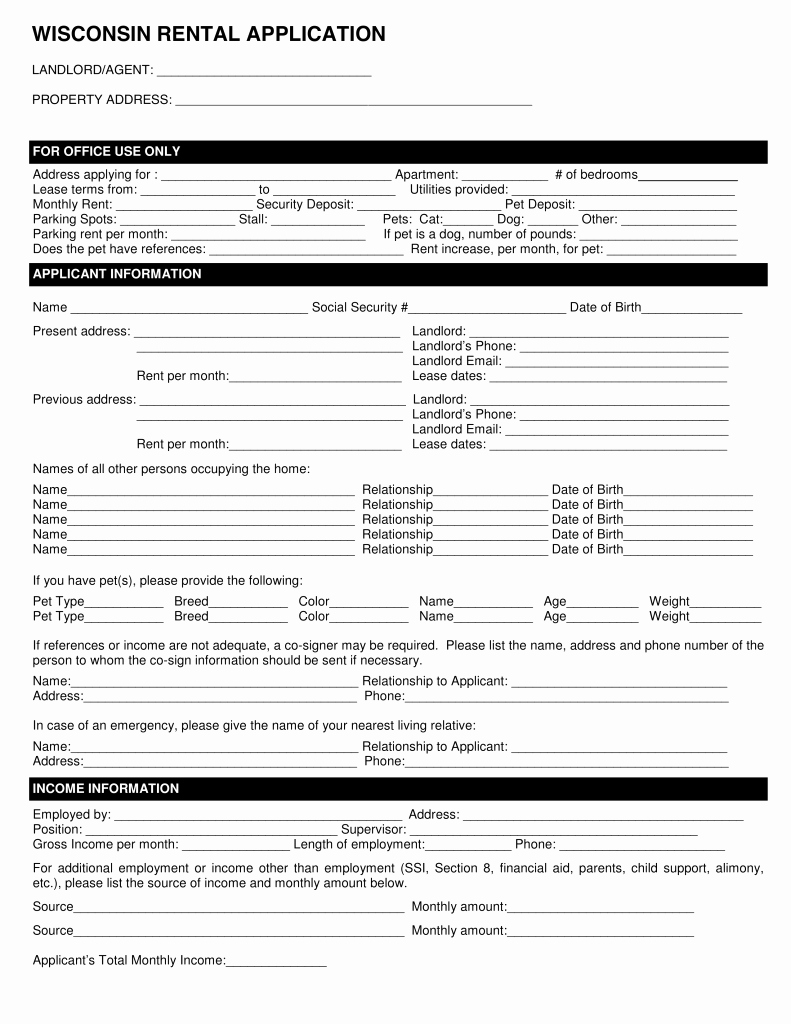 Free Rental Application form Unique Free Wisconsin Rental Application form Pdf