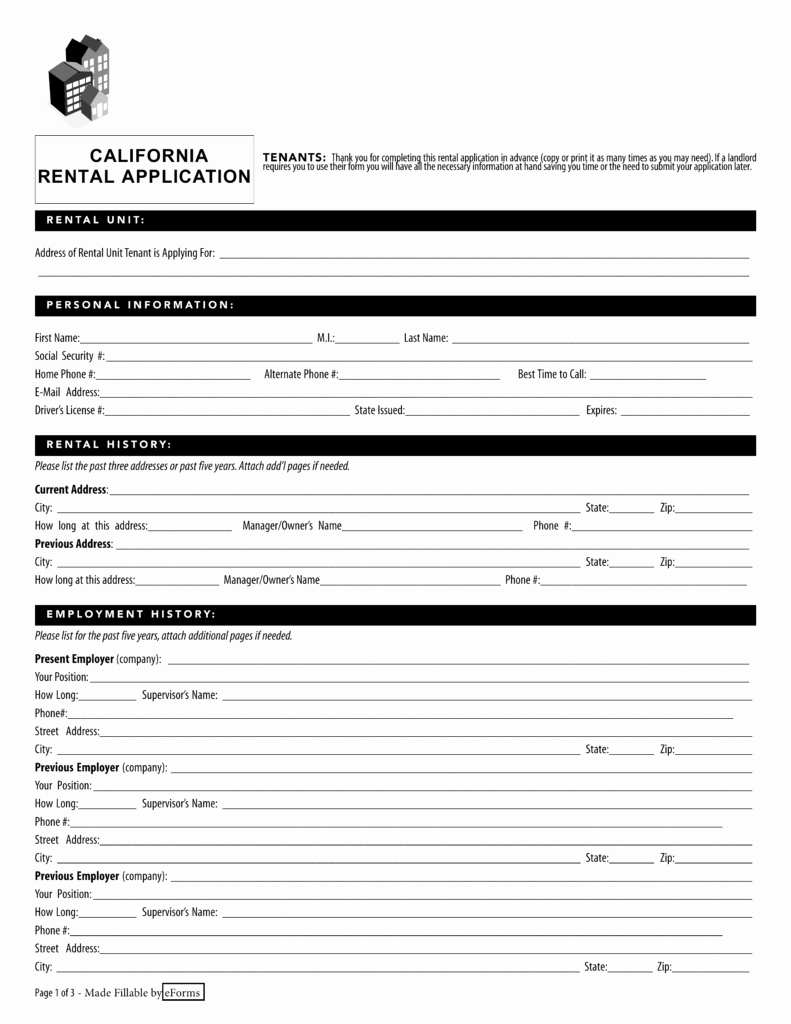california rental application form