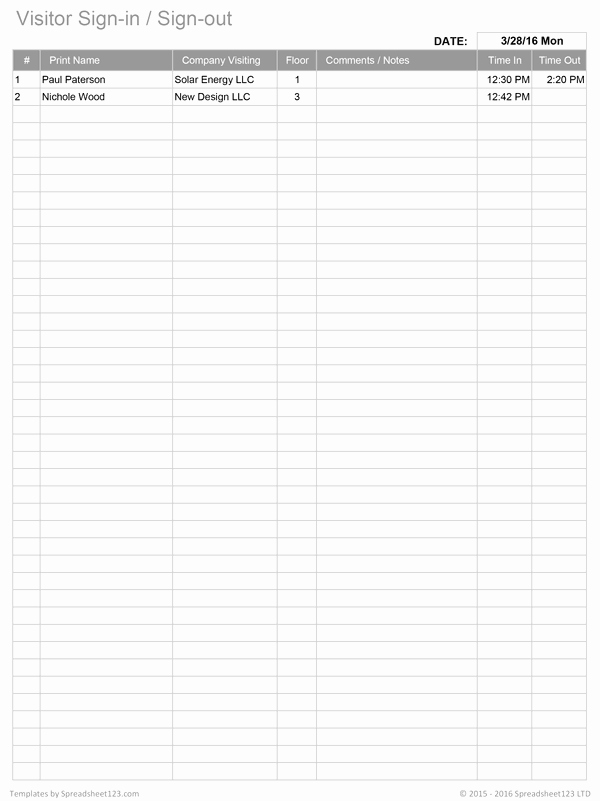 Free Sign In Sheet Template New Printable Sign In Worksheets and forms for Excel Word and Pdf