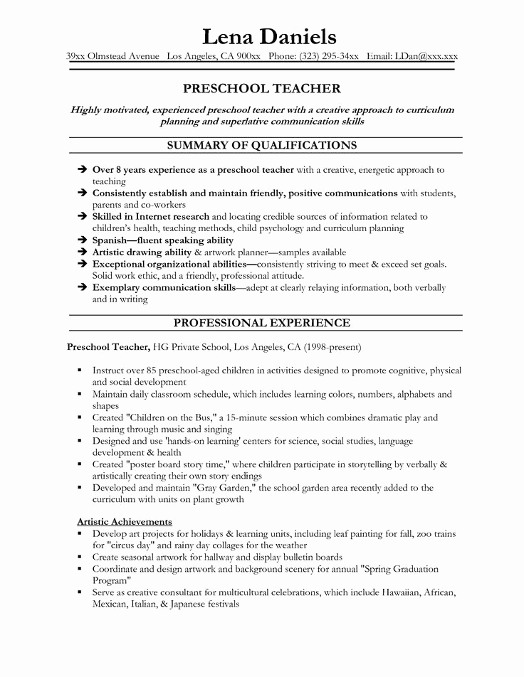 Free Teacher Resume Templates New Preschool Teacher Resume Template