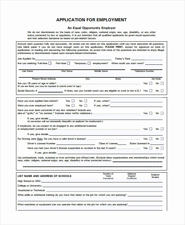 General Application for Employment Inspirational Generic Employment Application Template 8 Free Pdf