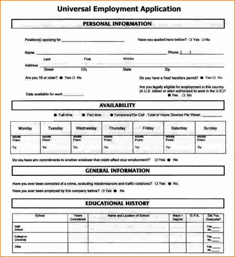 General Application for Employment New Generic Job Application