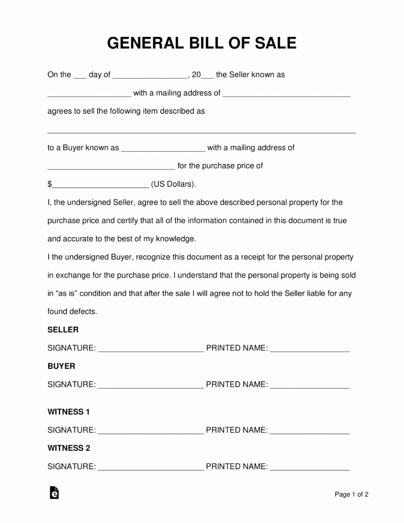 General Bill Of Sale Pdf New Free General Personal Property Bill Of Sale form Word