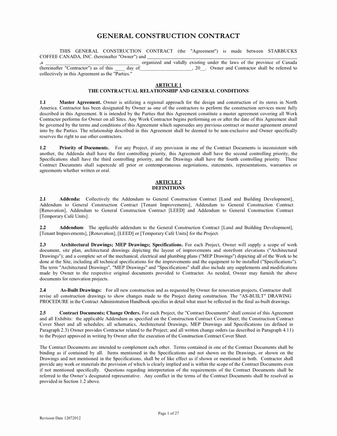General Contractor Contract Template Inspirational General Construction Contract In Word and Pdf formats